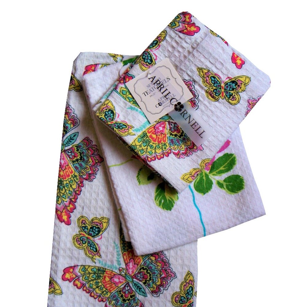 April Cornell 3 Pc. Cotton Kitchen Tea Towel Set Pink White Butterflies Flowers